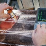 Level 2 inspector is testing to copper casting material with ultrasonic testing device. Ultrasonic Testing (UT) uses high frequency sound energy to conduct examinations and make measurements.