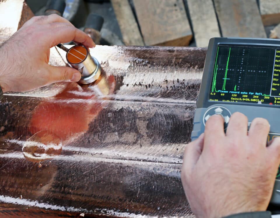 Level 2 inspector is testing to copper casting material with ultrasonic testing device. Ultrasonic Testing (UT) uses high frequency sound energy to conduct examinations and make measurements.